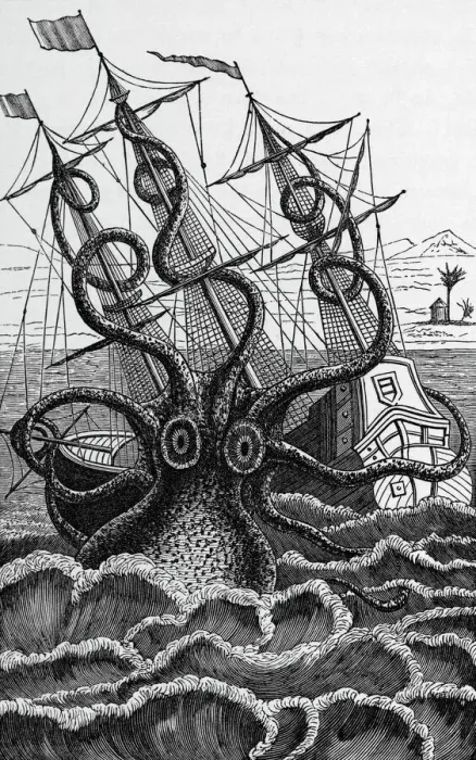 Framed Print : Octopus attacking a ship Print