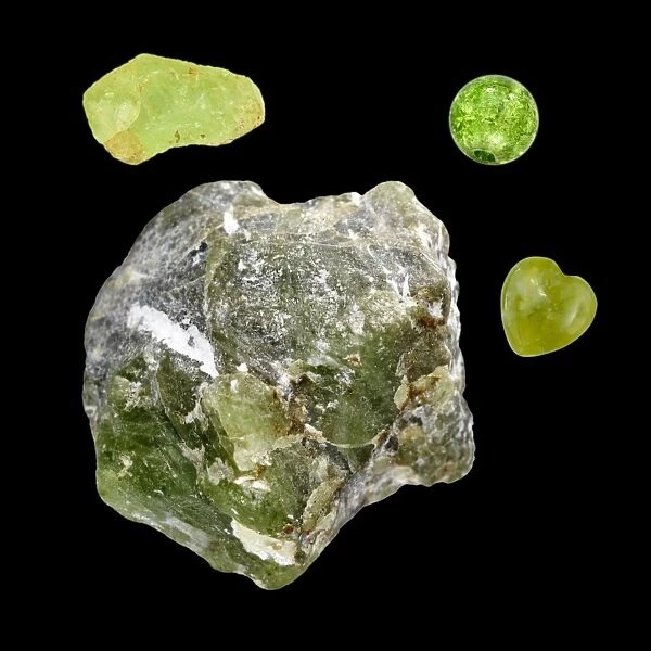 Peridot. The specimens at top right and middle right are polished