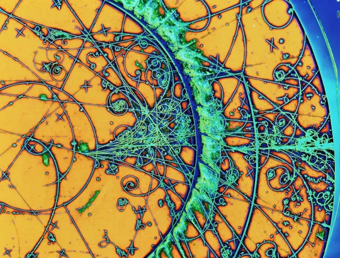 Framed Print : Particle tracks in a bubble chamber print Framed Print : Particle tracks in a bubble chamber print