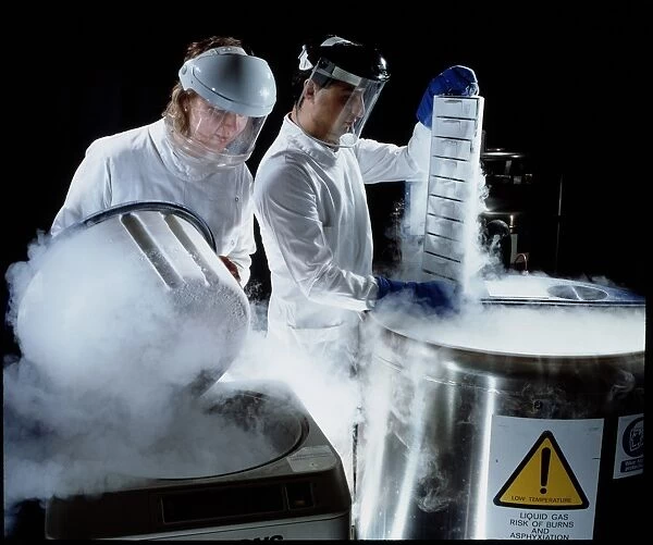 Researchers handling trays of frozen bacteria