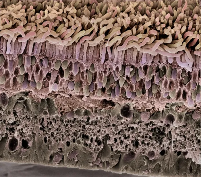 Framed Print : SEM Retina Print: Coloured scanning electron micrograph of a retina section Framed Print : SEM Retina Print: Coloured scanning electron micrograph of a retina section