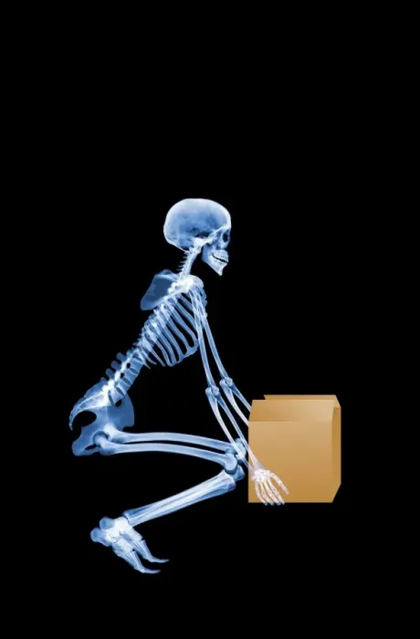Framed Print : Print of Skeleton lifting a box correctly in side view X-ray format Framed Print : Print of Skeleton lifting a box correctly in side view X-ray format