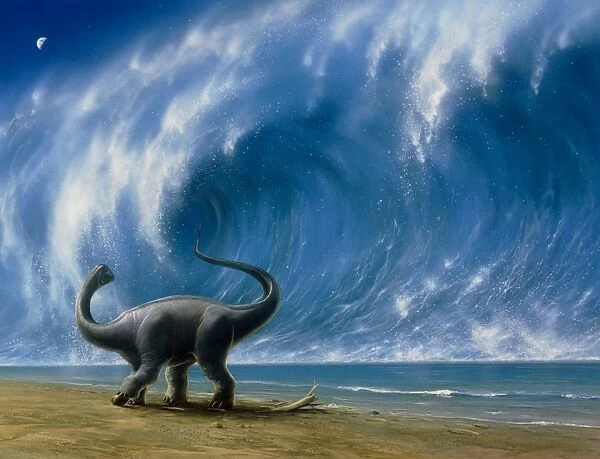 Titanosaurus watching an approaching tsunami
