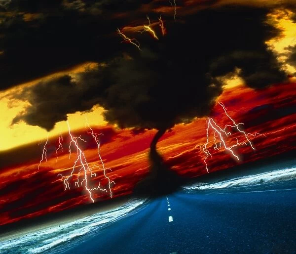 Tornado. Computer illustration of a tornado on a road with associated lightning