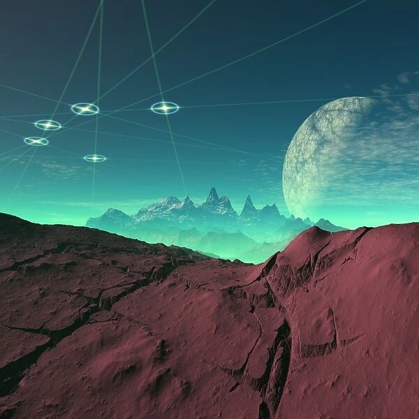 UFOs over an alien planet, artwork F005  /  0139