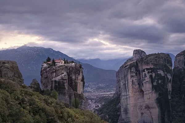Aghia Triada Meteora Monastery on a cloudy evening, UNESCO World Heritage Site, Thessaly
