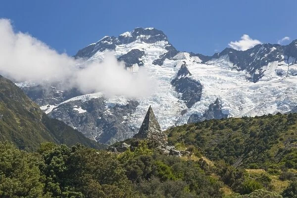 Alpine memorial dwarfed by Mount Sefton, Aoraki (Mount Cook National Park, UNESCO