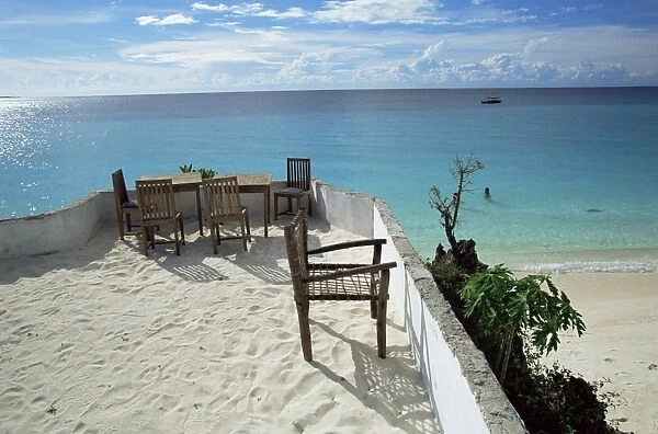 Balcony overlooking Indian Ocean, Nungwi beach, island of Zanzibar, Tanzania
