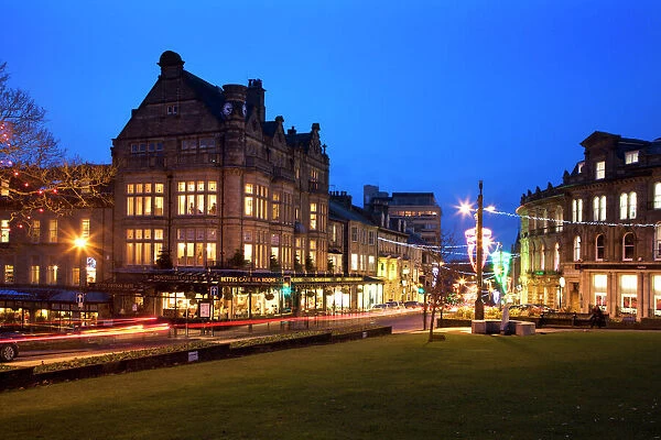 Bettys and Parliament Street at dusk, Harrogate, North Yorkshire, Yorkshire