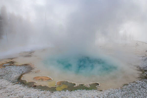Blue thermal feature in the fog and snow, Yellowstone National Park