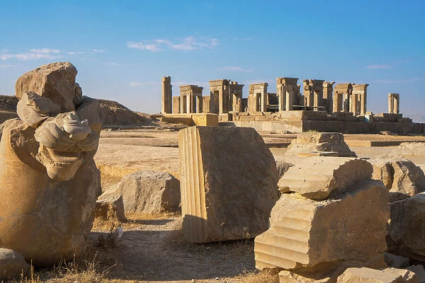 Broken bull column in foreground, Persepolis, UNESCO World Heritage Site, Iran, Middle