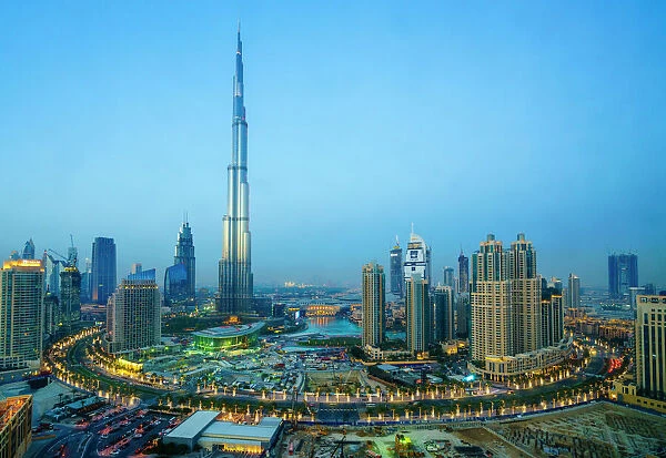 Burj Khalifa and Downtown Dubai at dusk, Dubai, United Arab Emirates, Middle East