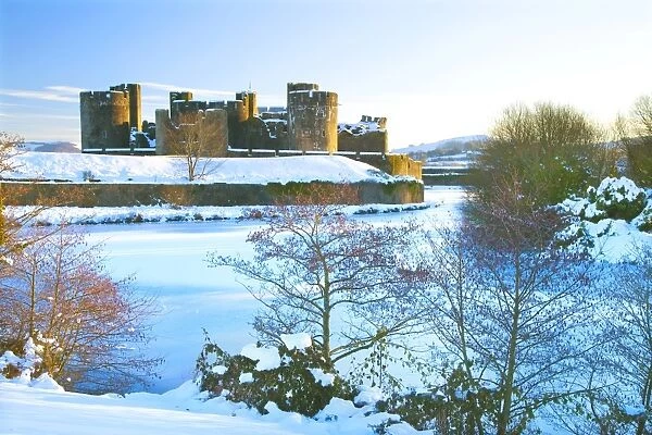Caerphilly Castle in snow, Caerphilly, near Cardiff, Gwent, Wales, United Kingdom, Europe