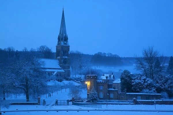 Edensor village and church in winter, Chatsworth Estate, Derbyshire, England, United Kingdom, Europe