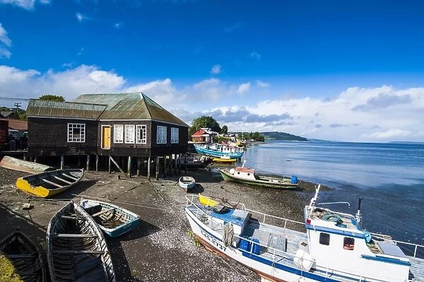 Fishing boats in the harbour of Dalcahue, Chiloe, Chile, South America
