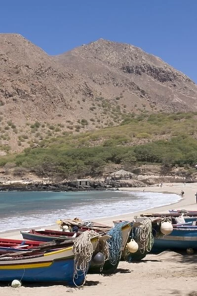 Fishing boats on sandy beach of Tarrafal, Santiago, Cape Verde Islands, Atlantic, Africa