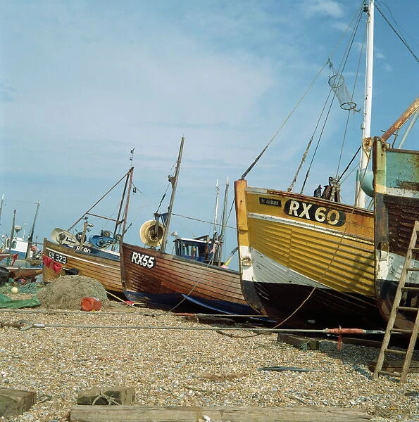 Fishing boats on shingle beach, Hastings, East Sussex, England, United Kingdom, Europe
