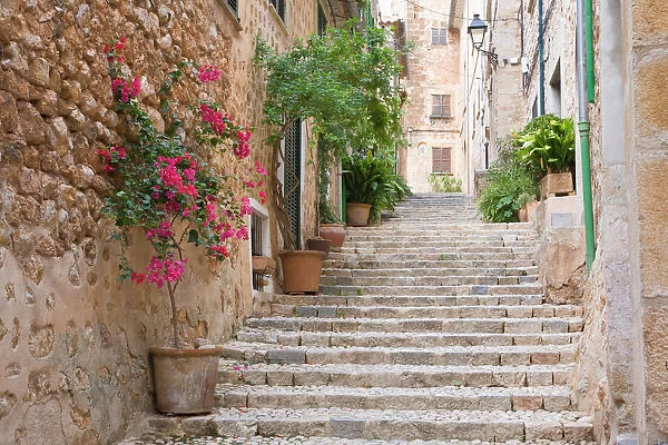 Flight of steps in the heart of the village Fornalutx near Soller, Mallorca
