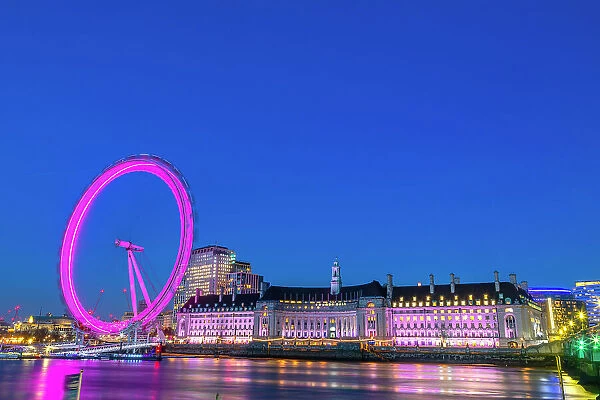 London Eye and London County Hall buiding, at dusk, River Thames, London, England, United Kingdom, Europe