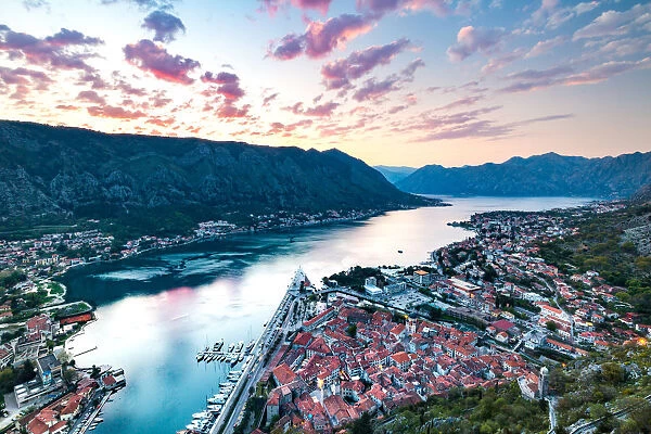 Looking over the Old Town of Kotor and across the Bay of Kotor viewed from the fortress at sunset