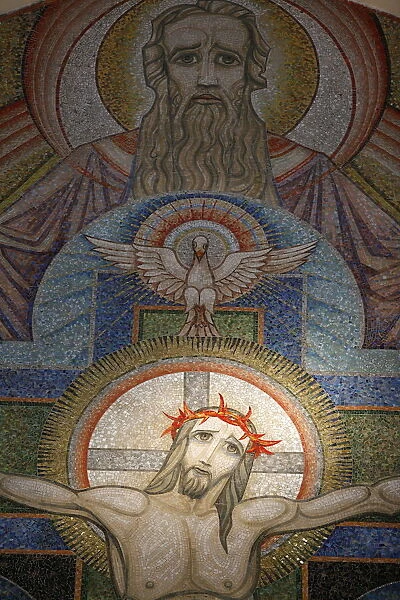 Mosaic by Antoine Molkenboer showing God, the Holy Spirit and Jesus, Annecy, Haute Savoie