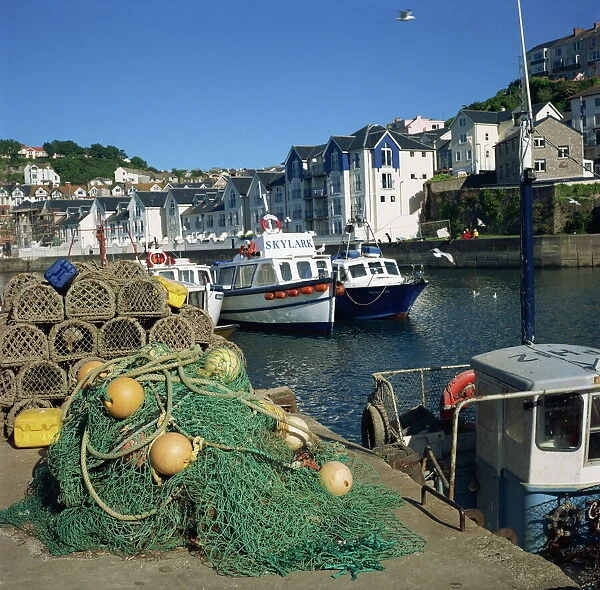 Nets on quayside, Brixham harbour, Devon, England, United Kingdom, Europe
