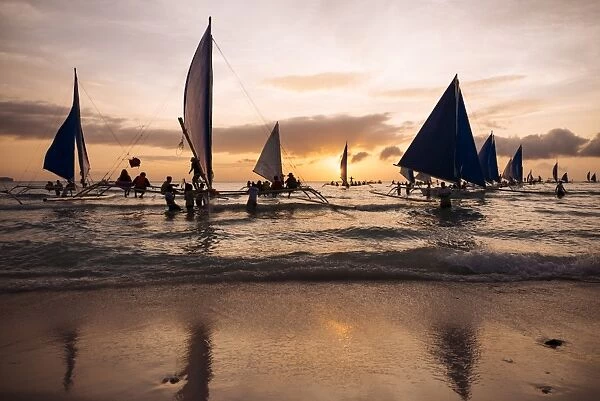 Paraw boats, White Beach, Boracay, The Visayas, Philippines, Southeast Asia, Asia