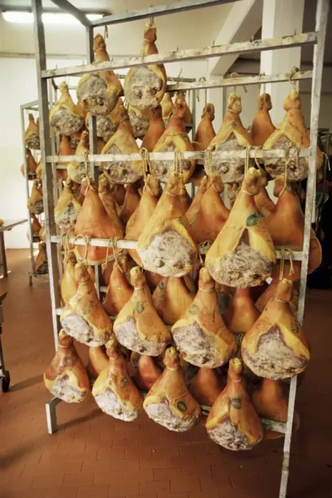 Framed Print : Print of Cured Parma Hams on Racks Framed Print : Print of Cured Parma Hams on Racks