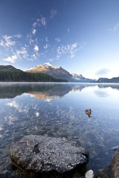 Piz da la Margna reflecting in Lake Sils by Saint Moritz in Engadine, Graubunden, Switzerland, Europe