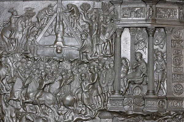 Detail of a portal of the Crucifixion of St. Peter, front entrance door of St
