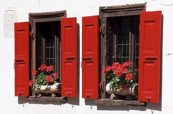 Red shuttered windows and geraniums