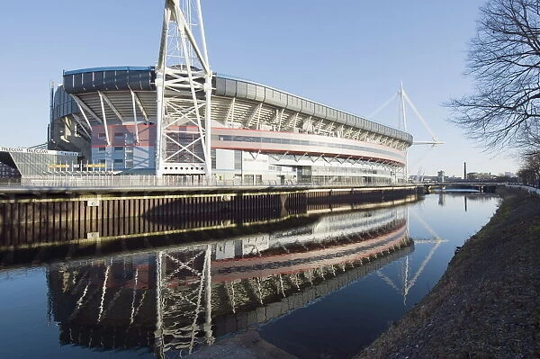 Reflection of Millennium Stadium in River Taff, Cardiff, Wales, United Kingdom, Europe
