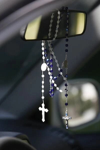 Rosaries in a car, Chatillon-sur-Chalaronne, Ain, France, Europe