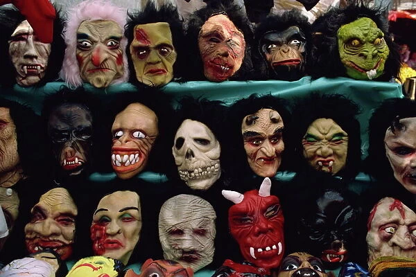 Rows of Halloween masks on sale