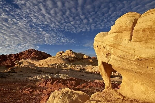 Sandstone arch under clouds, Valley of Fire State Park, Nevada, United States of America, North America