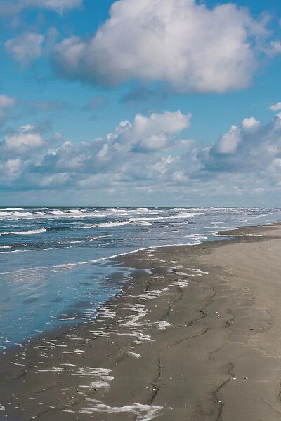Sandy beach, blue sky and clouds, Schiermonnikoog, West Frisian Islands, Friesland, The Netherlands (Holland), Europe