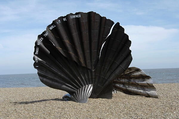 The Scallop sculpture by Maggie Hambling on the beach at Aldeburgh, Suffolk