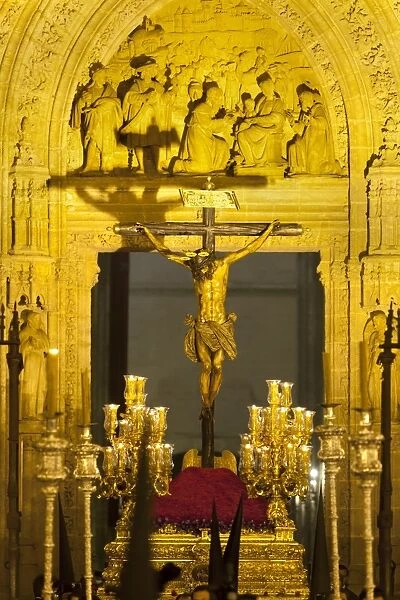 Semana Santa (Holy Week) float outside Seville Cathedral, Seville, Andalucia, Spain, Europe