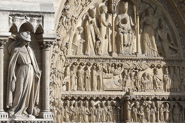 Statue of the Synagogue, St. Anne portal, Western facade, Notre Dame de Paris Cathedral