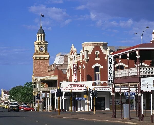 Street scene including clock tower in the outback gold mining town of Kalgoorlie in Western Australia