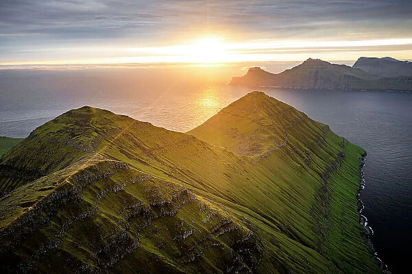 Sunrise over Kalsoy Island and Funningur fjord, aerial view, Eysturoy Island, Faroe Islands, Denmark, Europe