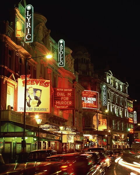 Theatreland, illuminated at night, Shaftesbury Avenue, London, England