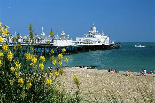 View over beach and pier, Eastbourne, East Sussex, England, United Kingdom, Europe
