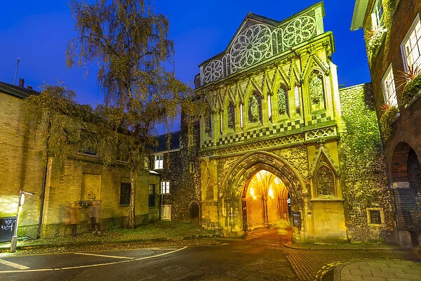 View of The Ethelbert Gate at dusk, Norwich, Norfolk, East Anglia, England