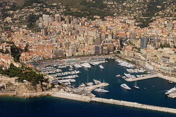 View from helicopter of Monte Carlo, Monaco, Cote d'Azur, Europe