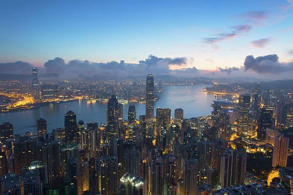 View of Hong Kong Island skyline at dawn, Hong Kong, China, Asia