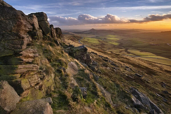 View over the Peak District from Shining Tor towards Shutlingsloe at sunset, Peak District National Park, Cheshire, England, United Kingdom, Europe