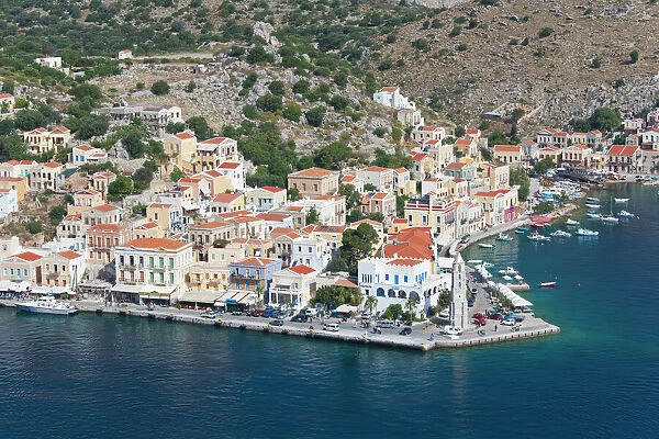View over the picturesque waterfront, Gialos (Yialos), Symi (Simi), Rhodes, Dodecanese Islands