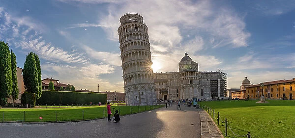 View of Pisa Cathedral and Leaning Tower of Pisa at sunset, UNESCO World Heritage Site, Pisa, Province of Pisa, Tuscany, Italy, Europe