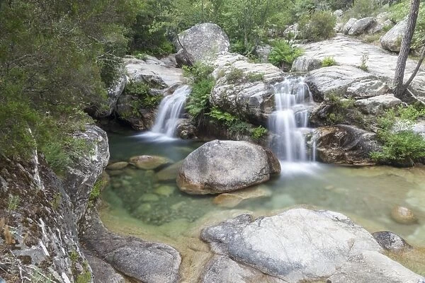 View of the Purcaraccia waterfalls and natural pools in summer, Punta di Malanda